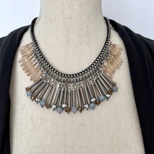 Global & Vine Silver Metallic Beaded Fringe Collar Necklace